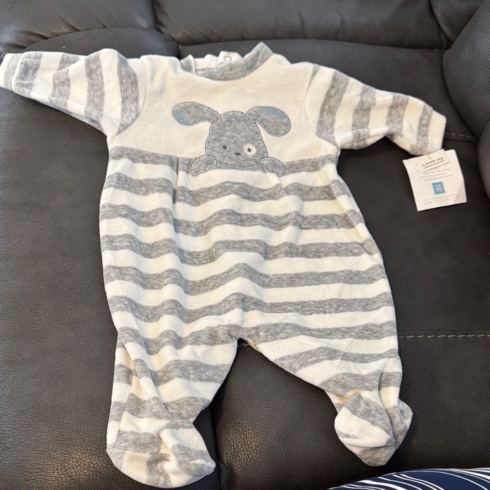 Little Me Gray and White Striped Footie with Bunny Design